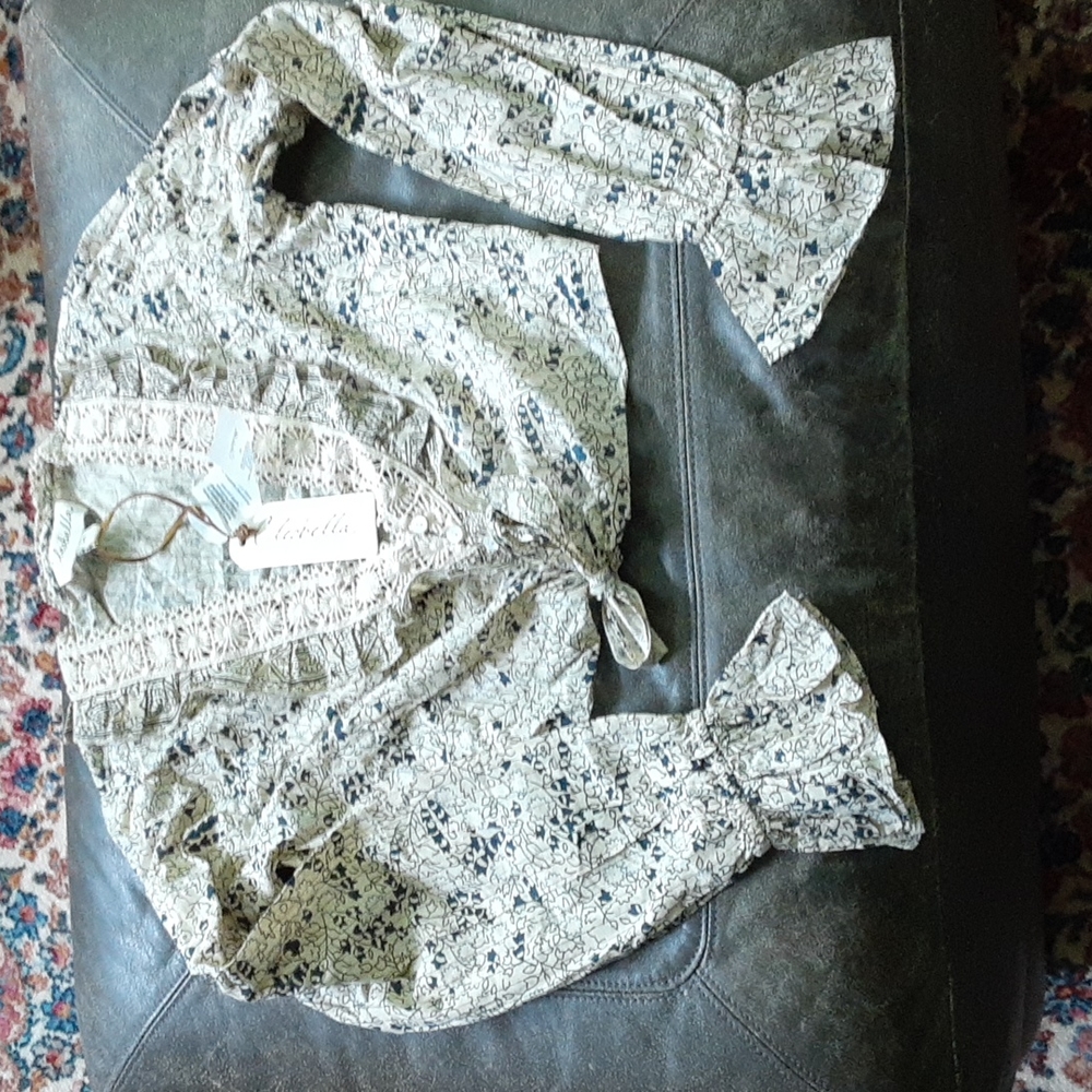 Cleobella Cream Floral Lace-Trim Tie-Front Blouse